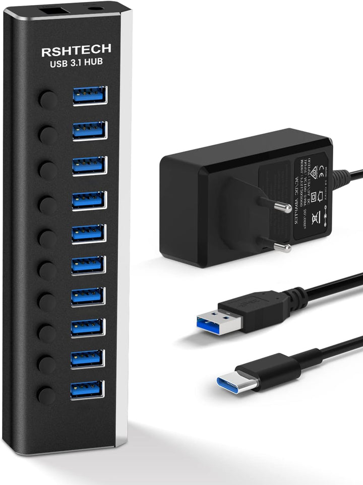 RSHTECH USB 3.1 Hub mit Netzteil 36W, mit 10*10Gbps USB 3.2-Port Aluminium USB Hub 3.2 Gen2 Aktiv mi