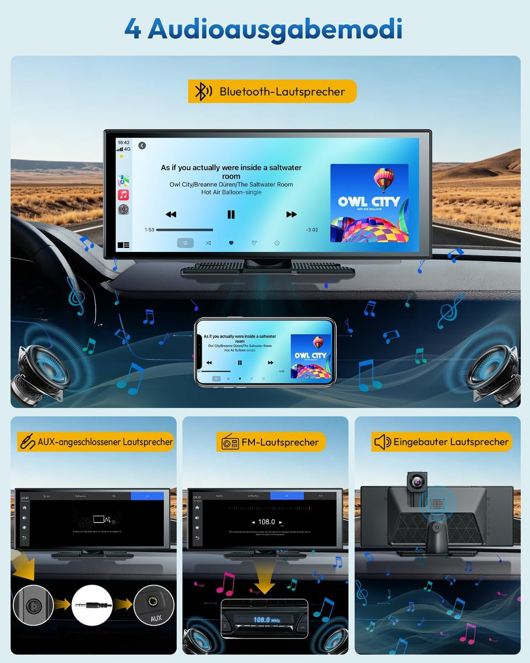 ESSGOO 11 Zoll Kabelloses CarPlay Display mit 4K 360° drehbare Frontkamera 1080P Rückfahrkamera Drah