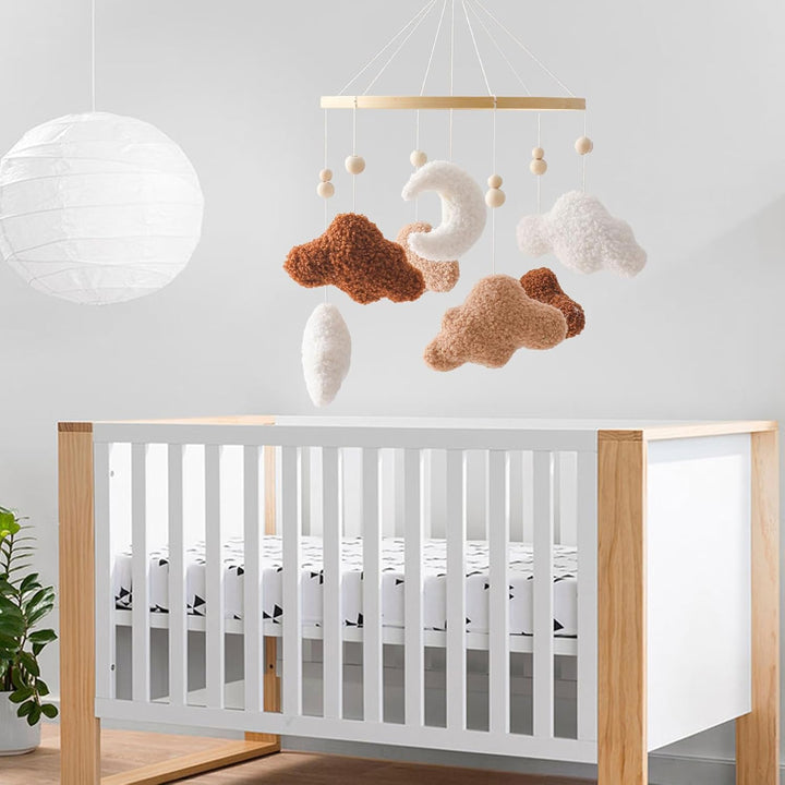 Mobile Baby Windspiele, Babybett Mobile Holz mit 3D Wolken Mond, Kinderzimmer Hängende Bettglocke, N