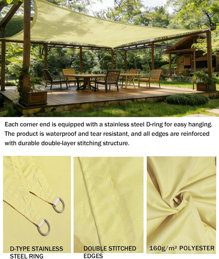 Sonnensegel, 2 m x 2 m, rechteckig, wasserdicht, PES-Polyester, 98 % UV-Schutz, für Terrasse / Garte