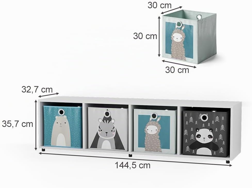 Vicco Kinderregal Weiss Ludus mit 4 Faltboxen - 143x36x33 cm gefertigt aus Spanplatte - Bücherregal