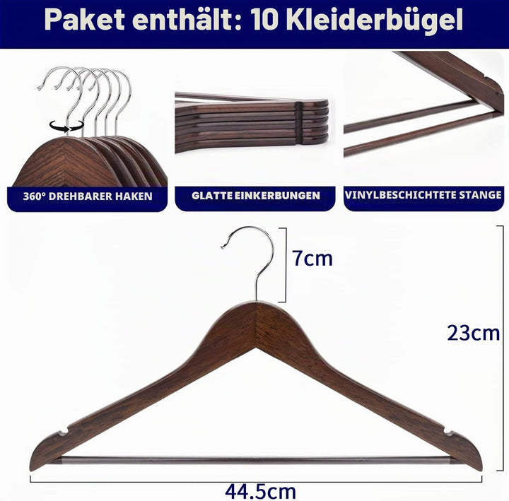 Amber Home 10 Stück 44,5cm Retro Kleiderbügel aus Holz mit Stange und Nut, Antik Braun Aufhänger für