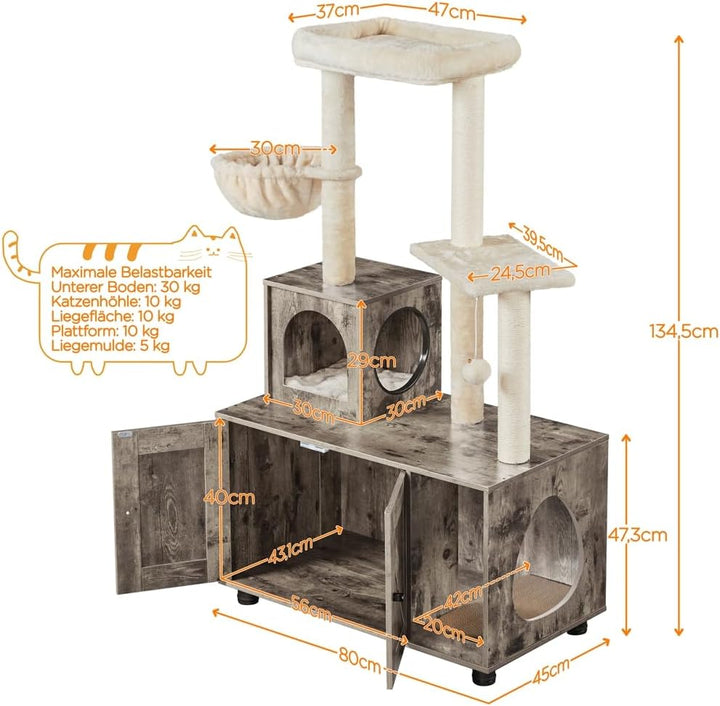 Yaheetech Katzenbaum mit Katzenklo Schrank, 134,5 cm hoch, All-in-One Kratzbaum mit Höhle Plattform