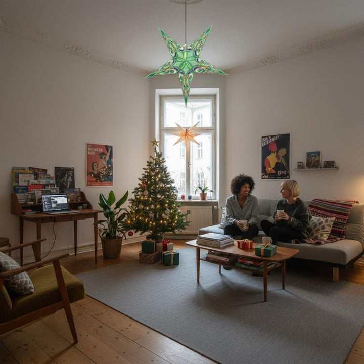 GURU SHOP Faltbarer Advents Leucht Papierstern, Weihnachtsstern 60 cm - Alaskana Grün normal Alaskan
