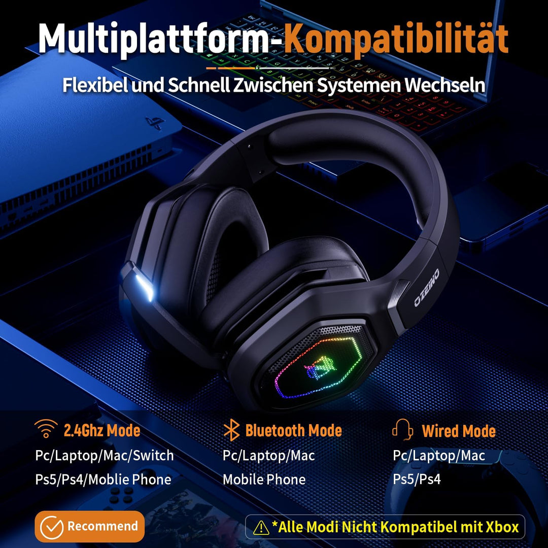 Ozeino Kabelloses Gaming-Headset mit Mikrofon, 2,4 G & Typ-C-Sender – 30 Stunden Akkulaufzeit – RGB-
