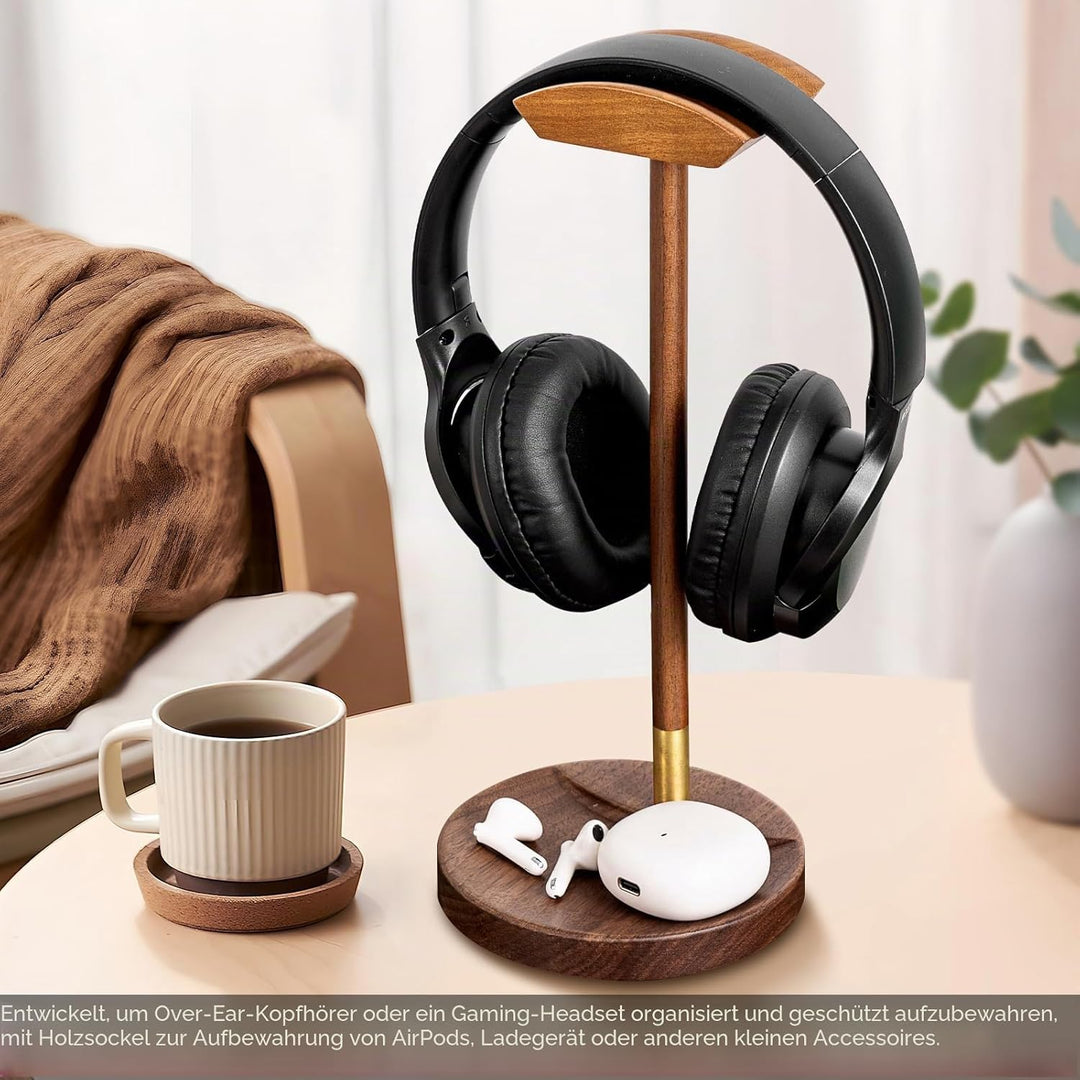 Headphone Stand für Schreibtisch, massiver Holz Gaming-Headset-Ständer, Holz-Headphone-Halter mit St