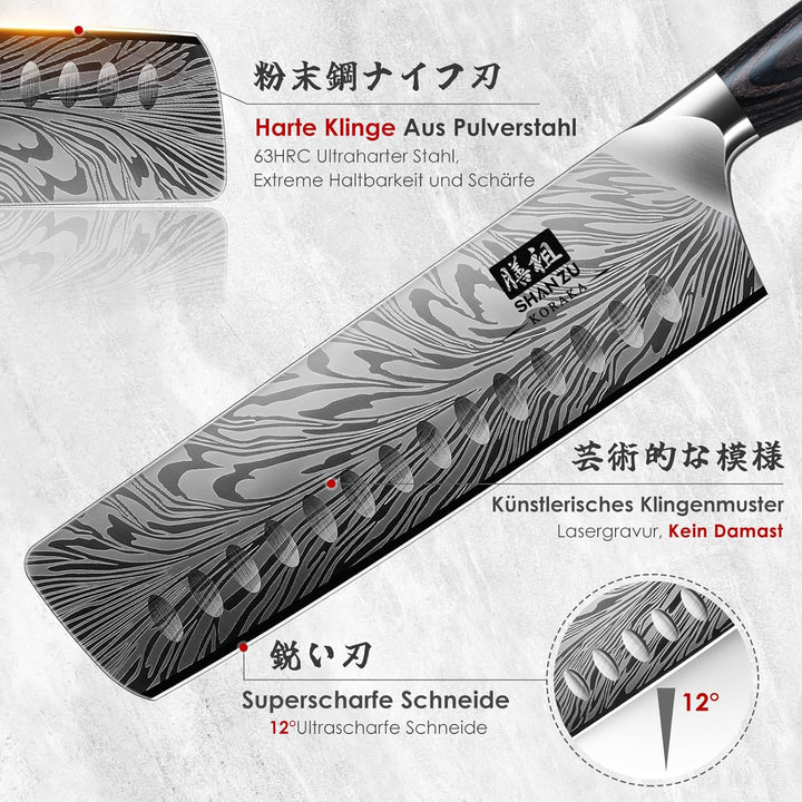 SHAN ZU Küchenmesser aus Pulverstahl, 18 cm Japanisches Nakiri-Messer, Kohlenstoffreicher 63 HRC-Gem