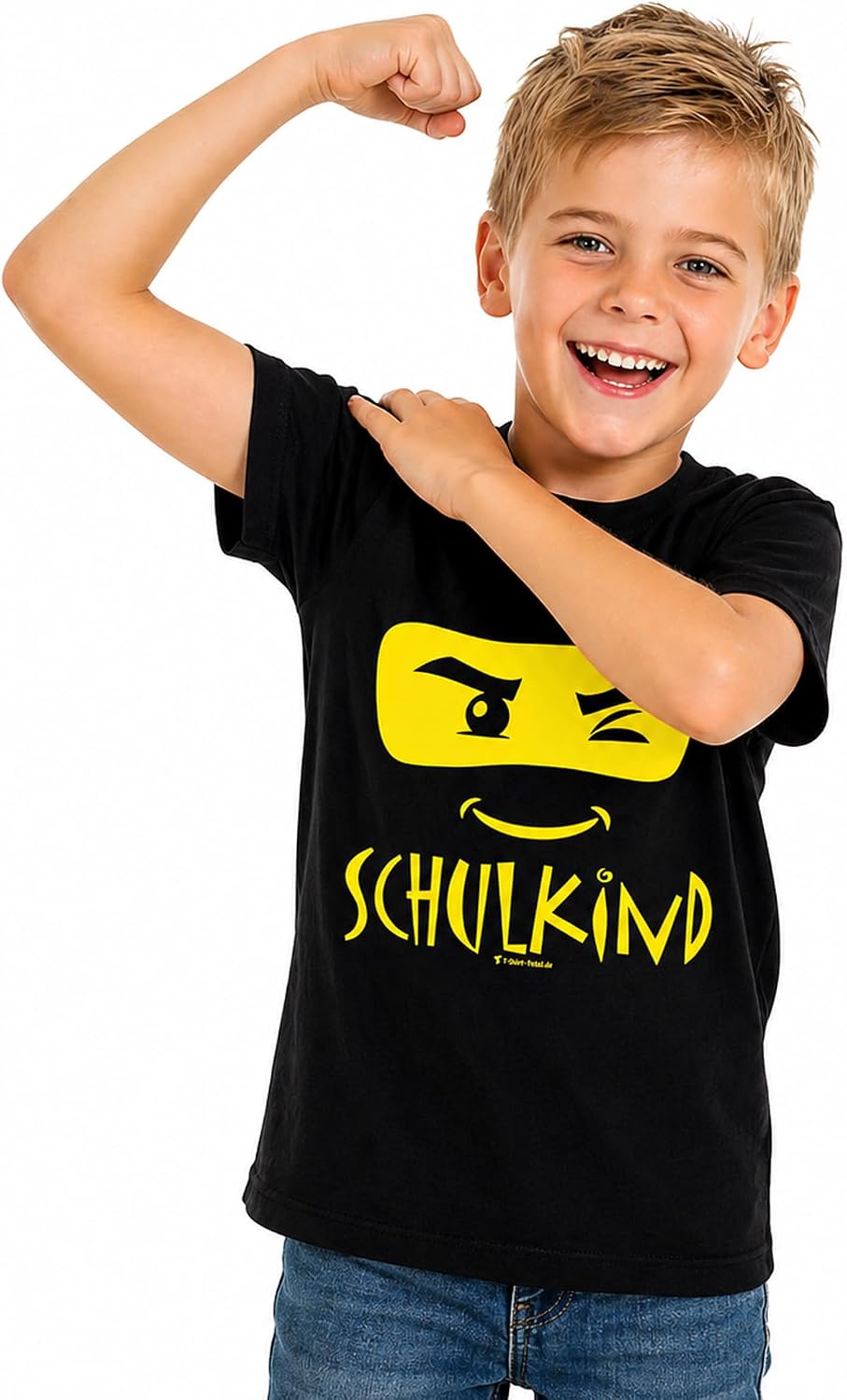 Kinder T-Shirt Schulkind Ninja Einschulungs-T-Shirt mit Wunschname auf dem Rücken, schwarz 134-140,