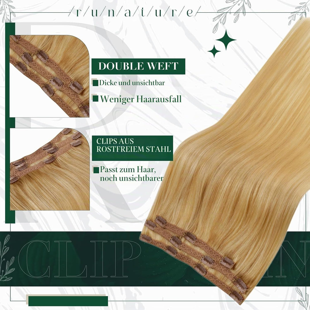 RUNATURE Clip in Extensions Echthaar Goldblond mit Hellblond Haarverlangerung Echthaar Clip in Glatt