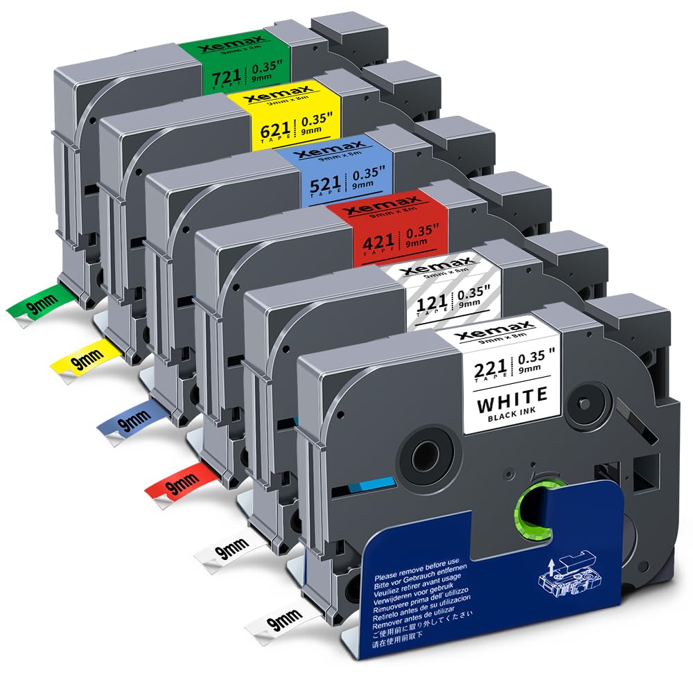 6x XemaX Kompatibel Schriftband Ersatz für Brother P-touch Bänder 9mm TZe-221 TZe-121 TZe-421 TZe-52