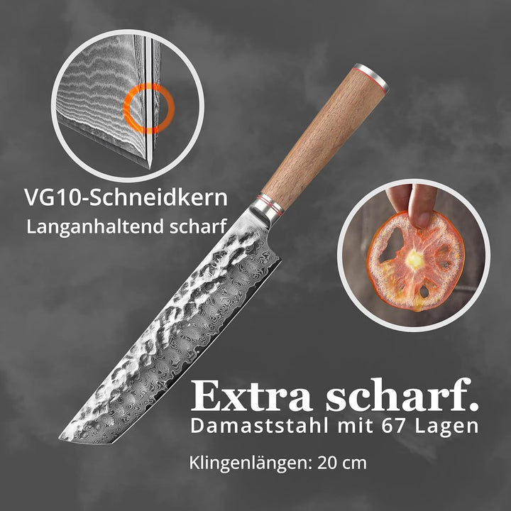 Wakoli Nussbaum Chefmesser Tanto, 20 cm Klinge aus 67 Lagen Damaststahl mit VG10 Kern, V Schliff 15°