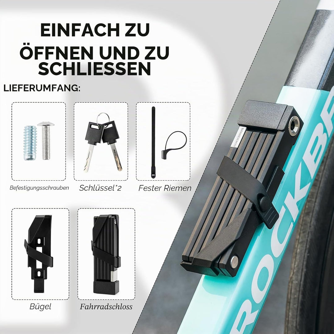ROCKBROS Faltbares Fahrradschloss mit Diebstahlschutz, Faltschloss mit Halterung Schlüssel langlebig