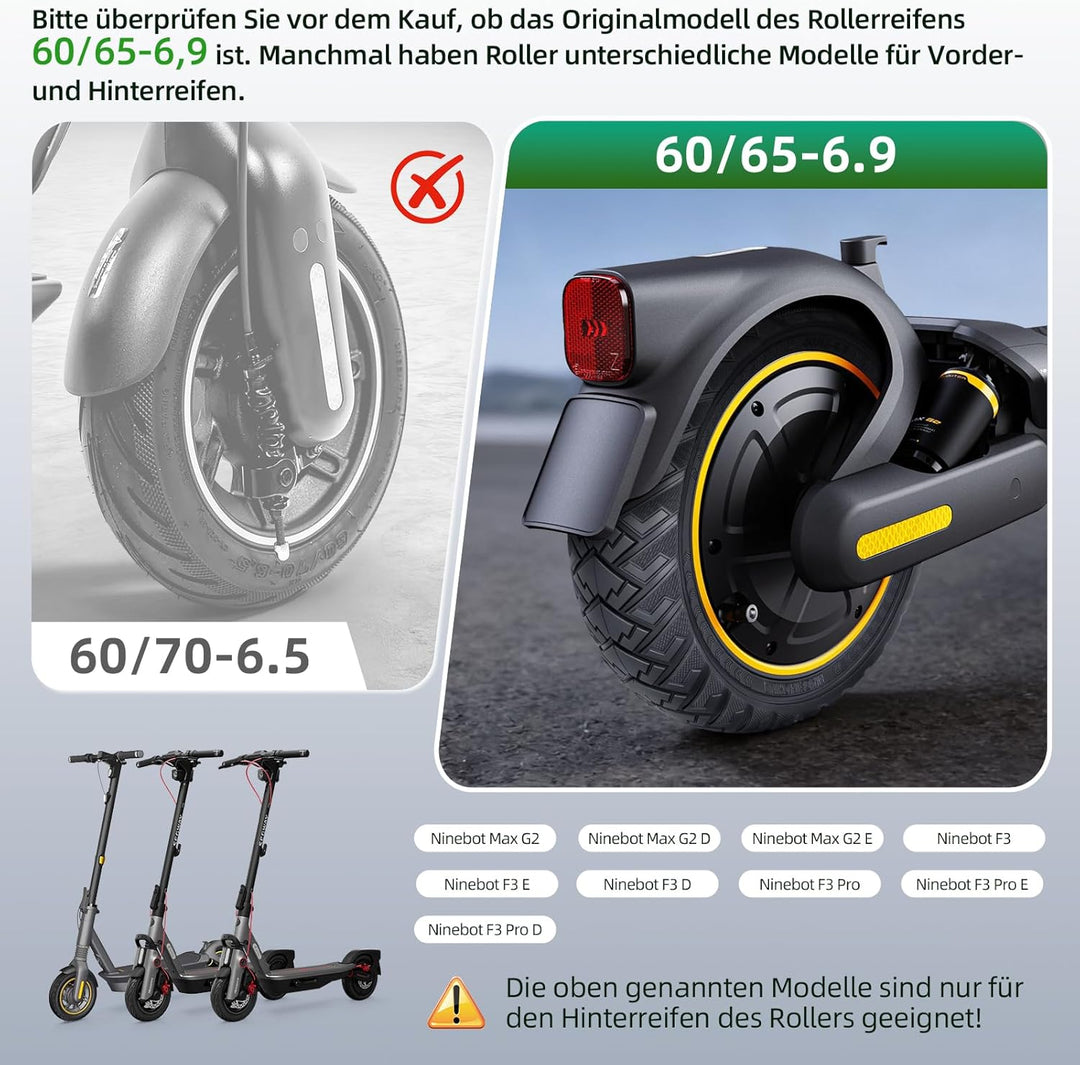 Prodrocam 60/65-6,9 Vollgummireifen für Ninebot Max G2 G65 Roller 10 Zoll Front/Hinterräder Ersatz Z
