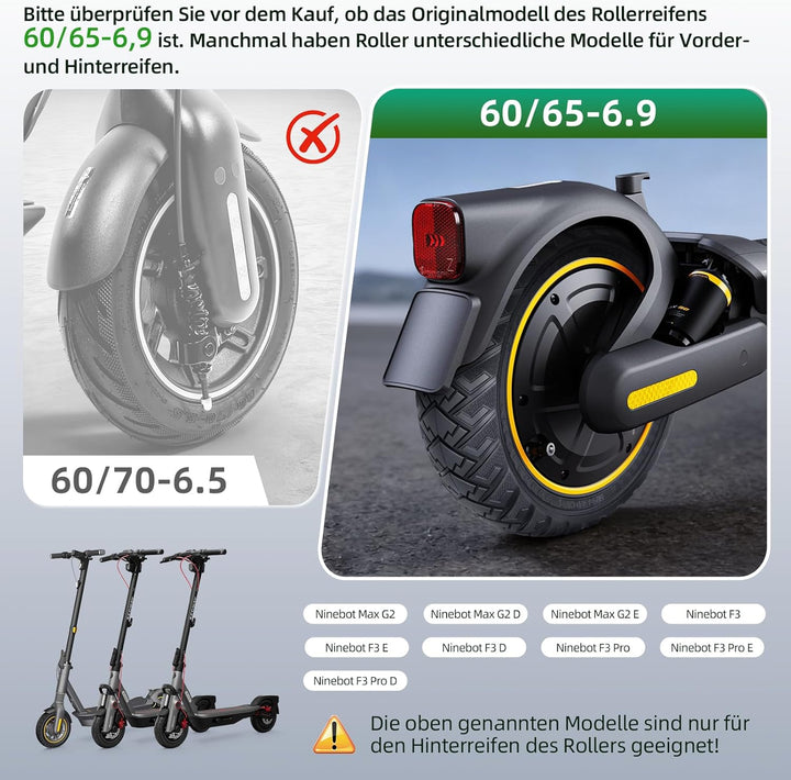 Prodrocam 60/65-6,9 Vollgummireifen für Ninebot Max G2 G65 Roller 10 Zoll Front/Hinterräder Ersatz Z
