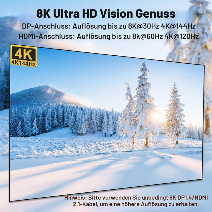 KVM Switch 4 PC 3 Monitore 8K@60Hz 4K@144Hz, USB 3.0 KVM Switch Triple Monitor 2 Displayport 1.4 + H
