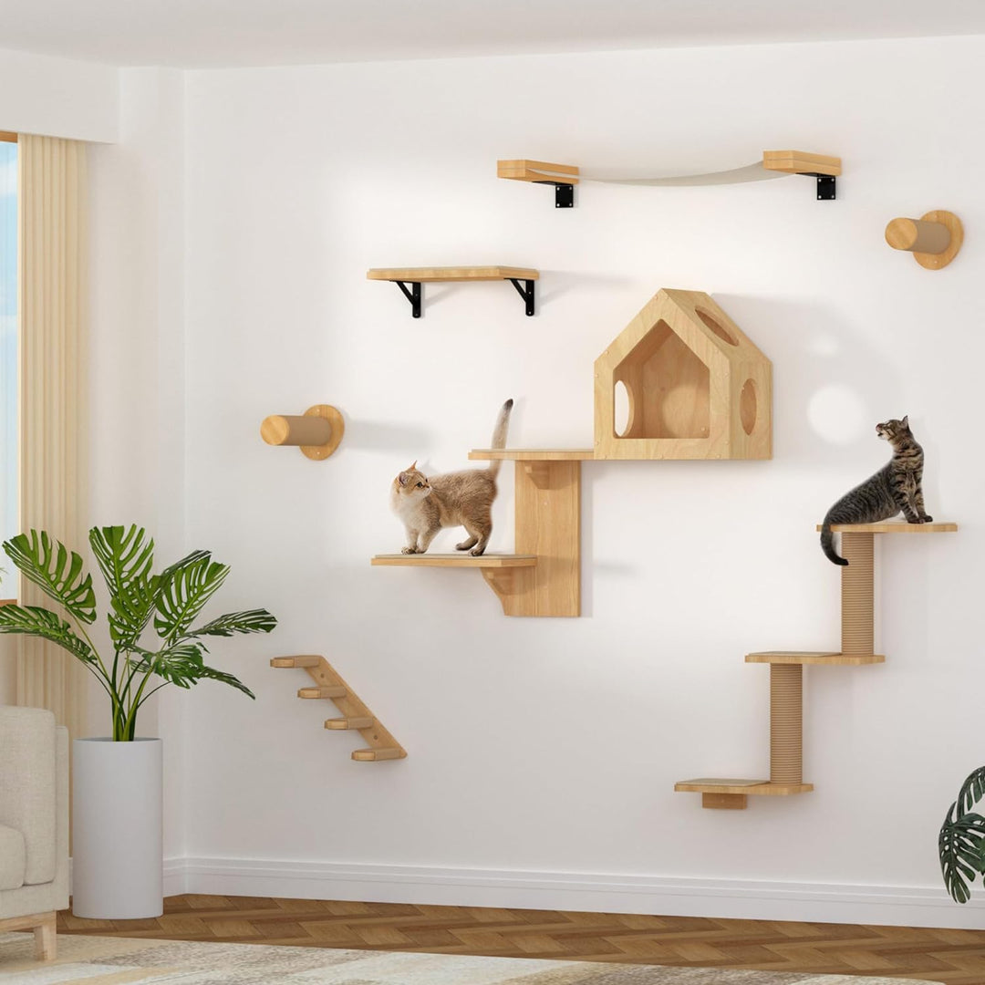 FUKUMARU Kletterwand Katze, Katze Wandregale aus Massives Gummiholz und Jute, 3 in 1 Transformable K