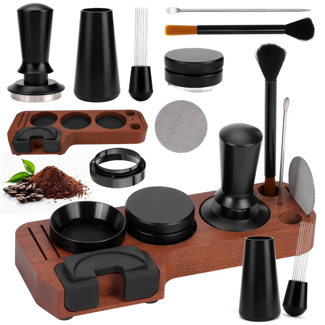 51mm Espresso Zubehör Set 8 teilig mit Holz-Tamperstation, Tamper, WDT Tool, Dosing Ring, Verteiler,