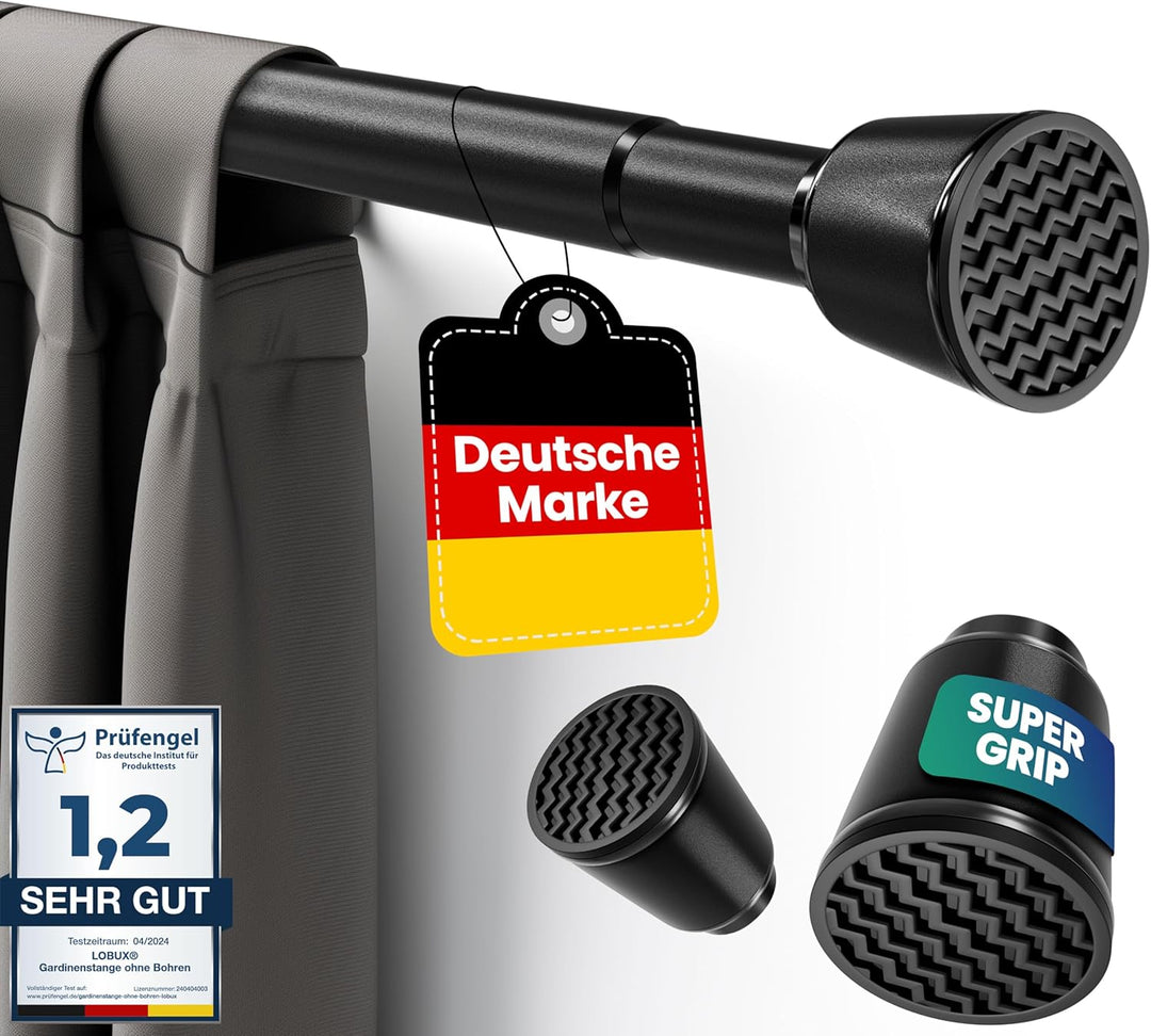 LOBUX® - Gardinenstange ohne bohren [schwarz, 210-300cm] – Teleskopstange Vorhang ausziehbar – Dusch