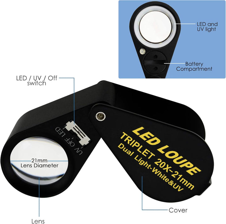 21mm Juwelier Lupe Triplet 10x Beleuchtung mit LED und UV-Licht Home Industrial Hobbyist Münzsammler