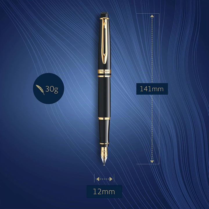 Waterman Expert Füller | Hochglänzend Schwarz mit Zierteile aus 23 K Gold | Füllfederhalter mit fein