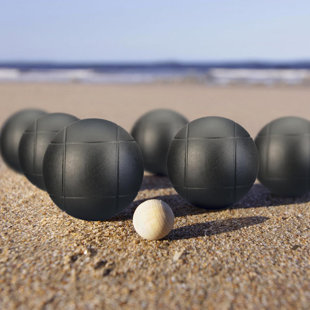 Relaxdays Boule Kugeln, 8 Metall-Kugeln, Set mit Zielkugel & Abstandsmesser, Tragetasche, Boccia Spi