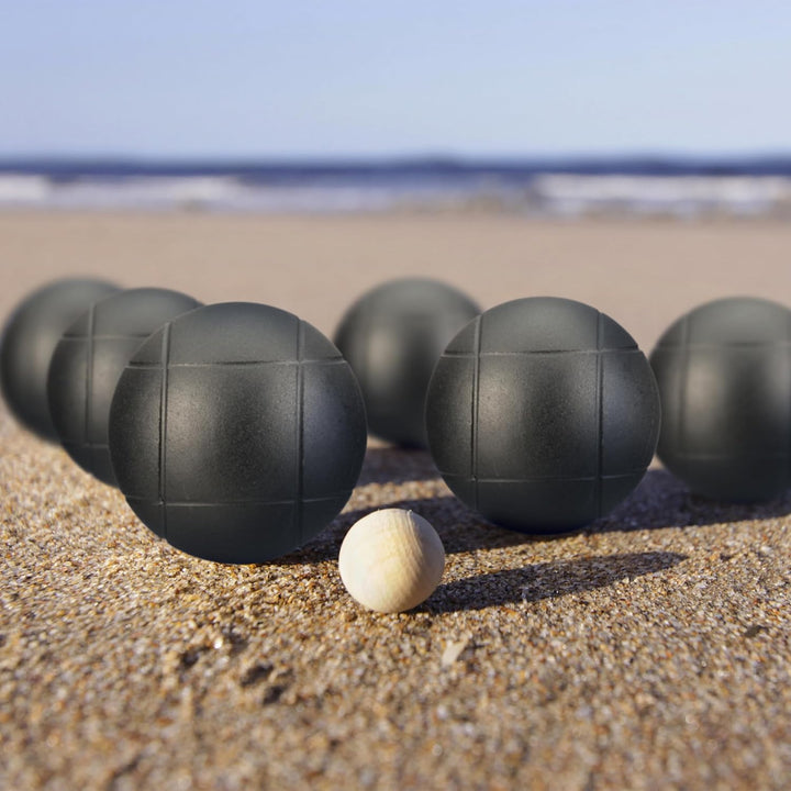 Relaxdays Boule Kugeln, 8 Metall-Kugeln, Set mit Zielkugel & Abstandsmesser, Tragetasche, Boccia Spi