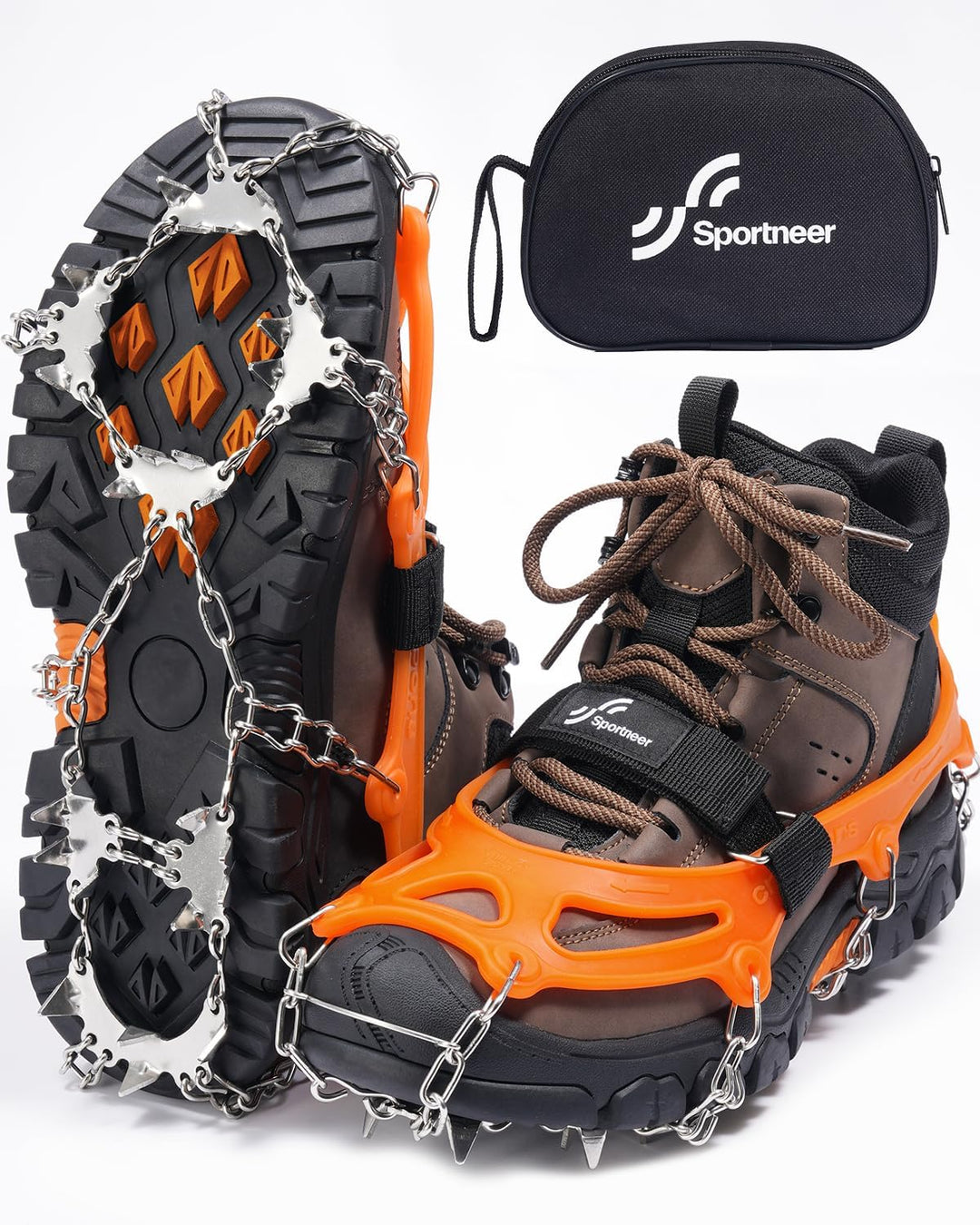 Sportneer Steigeisen Eisstollen Traktion, 19 Spikes Edelstahl Anti-Rutsch EIS Schnee Grips für Schuh