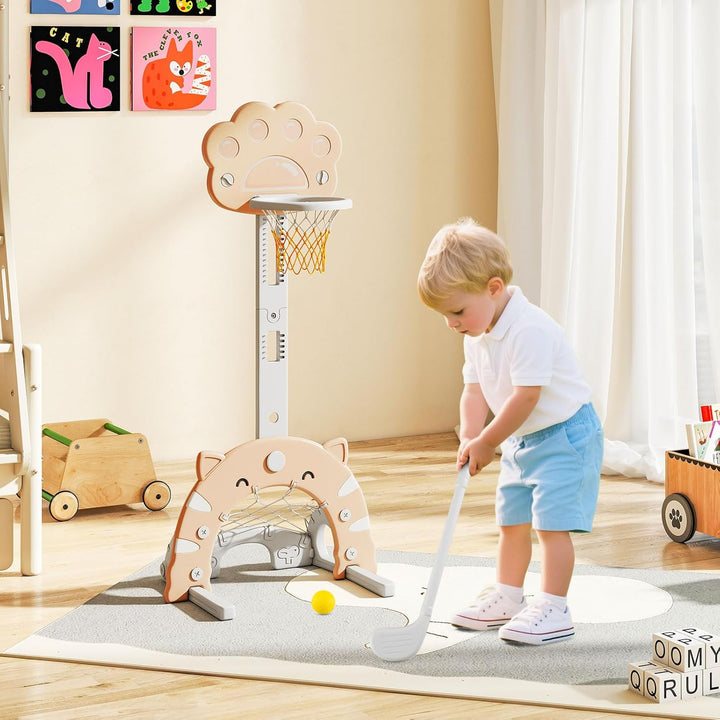 COSTWAY 3 in 1 Kinder Basketballkorb, Basketballständer mit Basketball & Fussball & Golfspiel, Indoo