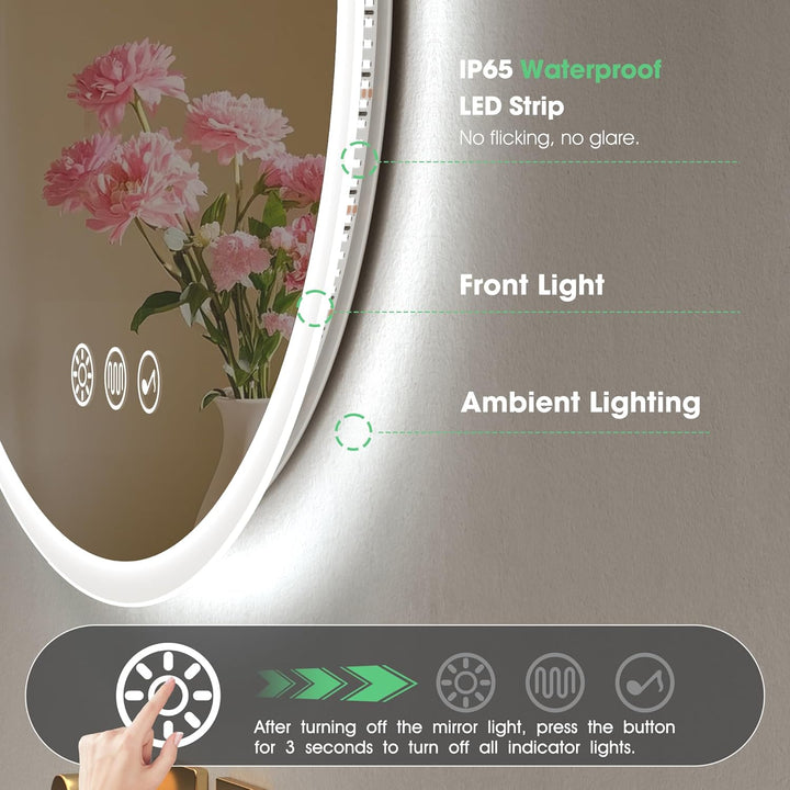 S'bagno Runder-Badspiegel-mit-Beleuchtung-90cm, Badezimmerspiegel-mit-Beleuchtung-und-Bluetooth, Ent