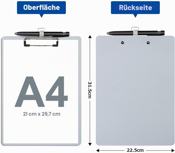 Klemmbrett A4 mit Stifthalter, 10 Stück Clipboard Kunststoff Eindicken mit Bügelklemme, Einschiebbar