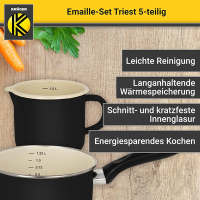 Krüger Emaille-Set Triest 5 teilig - Emaille-Topfset aus Fleischtopf, Stieltopf und Milchtopf - Töpf