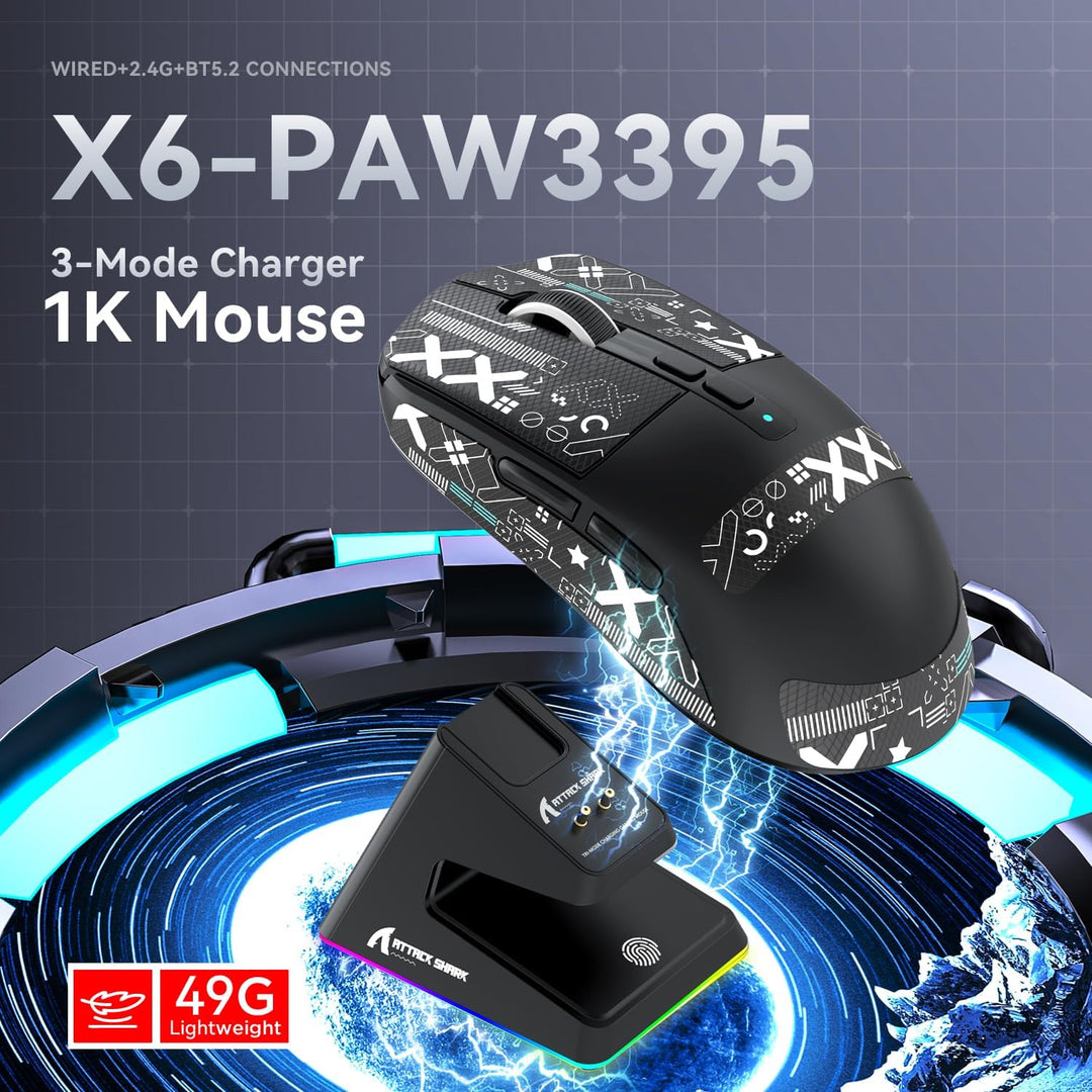 ATTACK SHARK X6 49g SUPERLIGHT Maus mit magnetischer Ladestation, PixArt PAW3395 Gaming-Sensor, BT/2