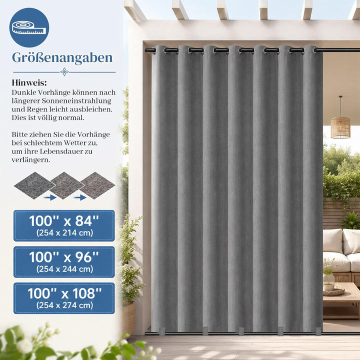 Rosnek Outdoor Vorhang Wetterfest Extra Breit B254 x H274 cm, 100% Blickdicht Winddicht mit Ösen Obe