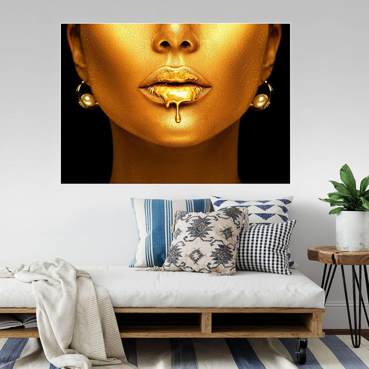 wandmotiv24 Poster als Wanddeko, Grösse 100x70cm, Gold Collection, Frau in Gold, Lippen, Farbe, Schm