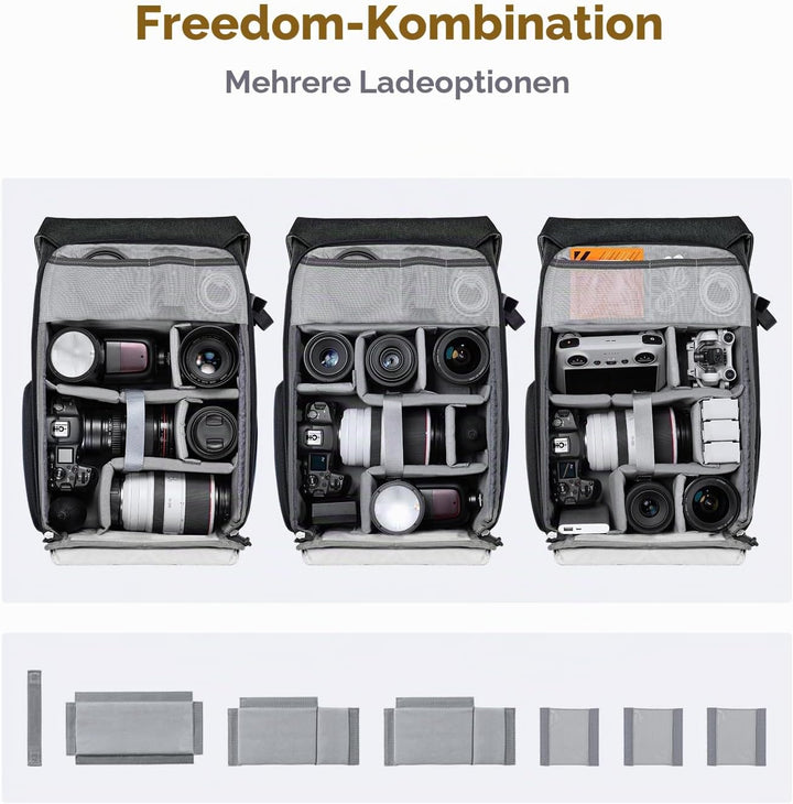 K&F Concept Kamerarucksack Rolltop 20L Fotorucksack Wasserdicht Robuste Rucksack-Stofftaschen aus St