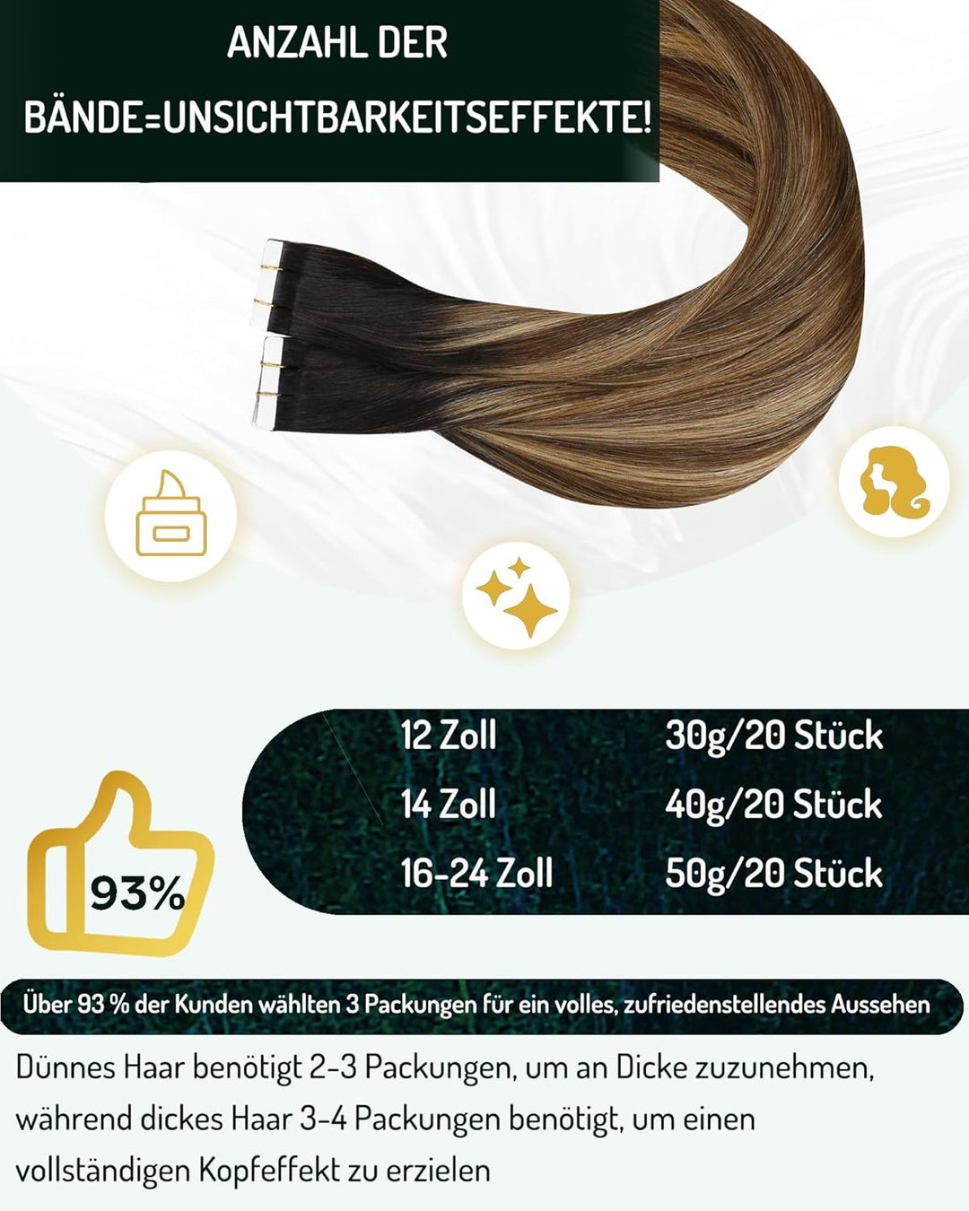 RUNATURE Tape Extensions Echthaar Balayage Schwarz Ombre Braun und Blond 30cm Menschliches Haar Glat