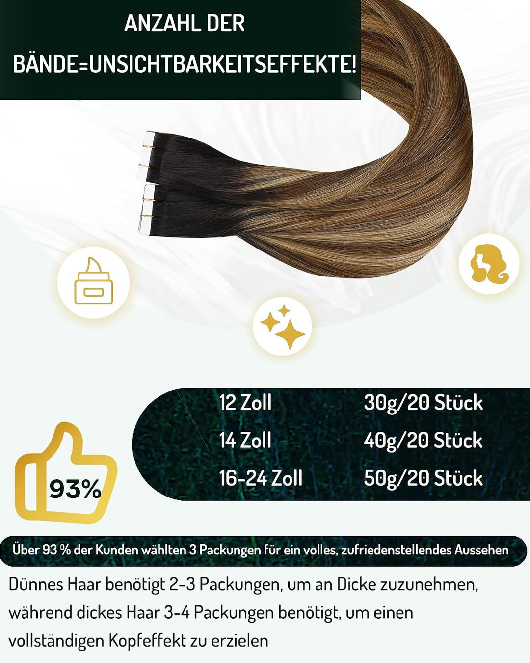 RUNATURE Invisible Tape Extensions Echthaar Balayage Schwarz Ombre Braun und Blond Echthaar Extensio