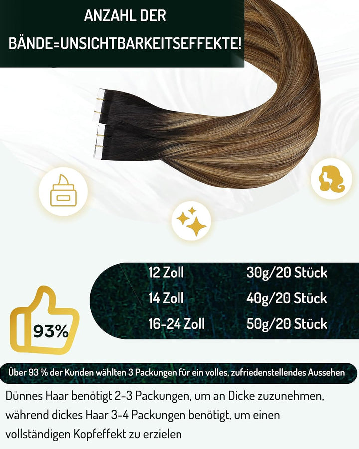 RUNATURE Invisible Tape Extensions Echthaar Balayage Schwarz Ombre Braun und Blond Echthaar Extensio