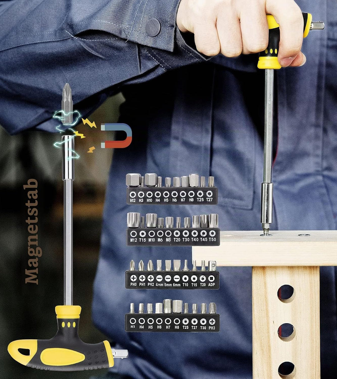 DOWELL Magnetischer Schraubendreher Set Schlitz/Phillips/Torx 108-teilig Stubby Schraubendreher Mini