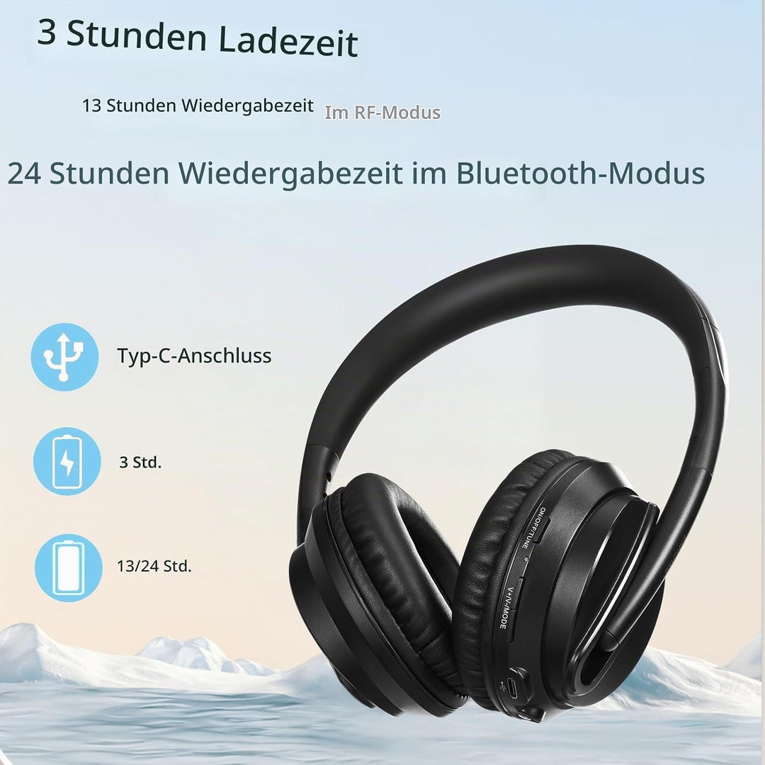 Funkkopfhörer für Fernseher, Over-Ear kabellose kopfhörer mit RF Sender, Kopfhörer-Ständer mit RGB-B