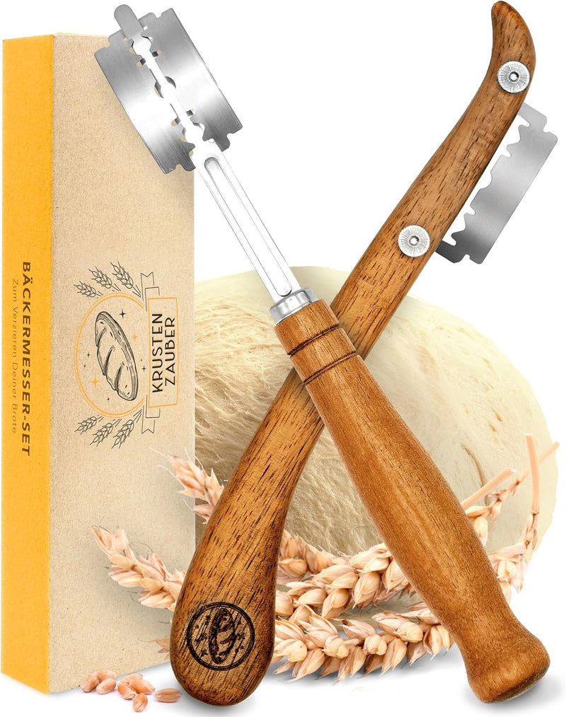 KRUSTENZAUBER Bäckermesser 2er Set [inkl. 20 Rasierklingen] - Teigmesser Set für gerade und geschwun