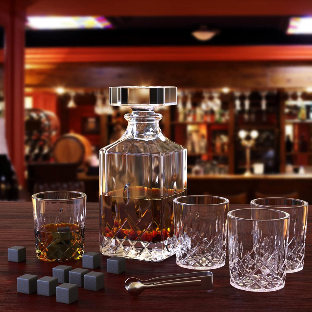 Cieex Whiskey Karaffe Set , 750ml Dekanter mit 4 x 220ml Whiskeygläser 12 Steine Schöne, Geschenk Bo
