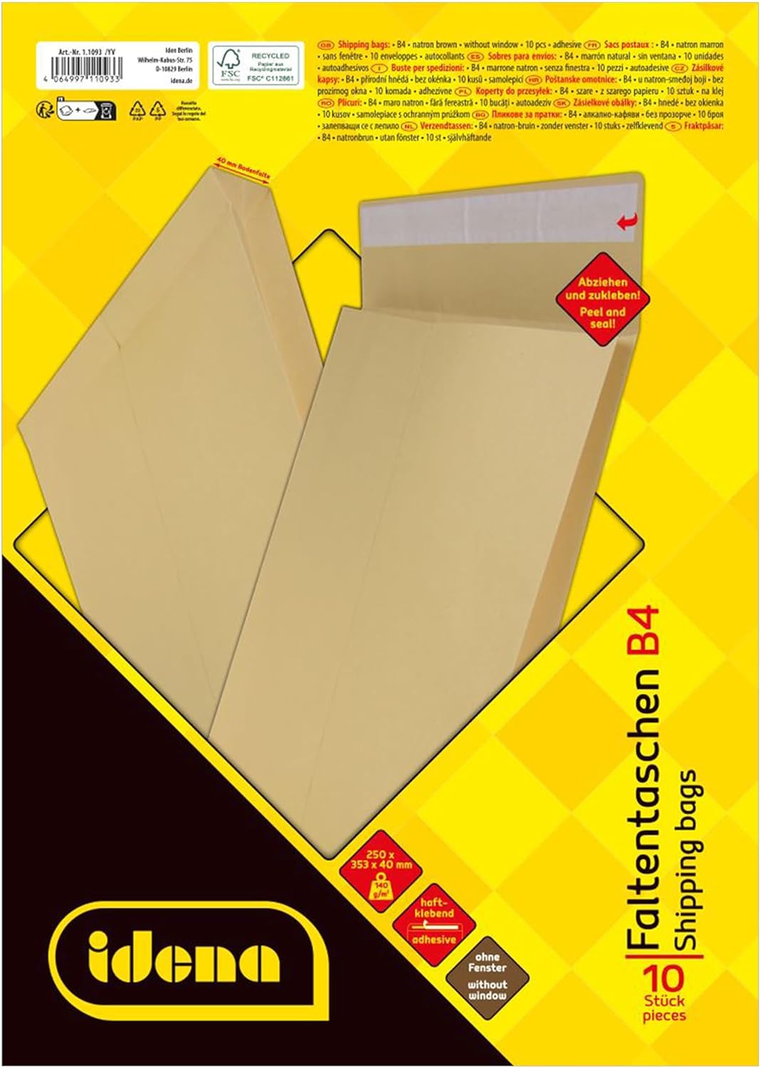 Idena 90282 - Versandtaschen DIN B4, 100 Stück haftklebend, Faltentaschen mit 4 cm Bodenfalte, Brief