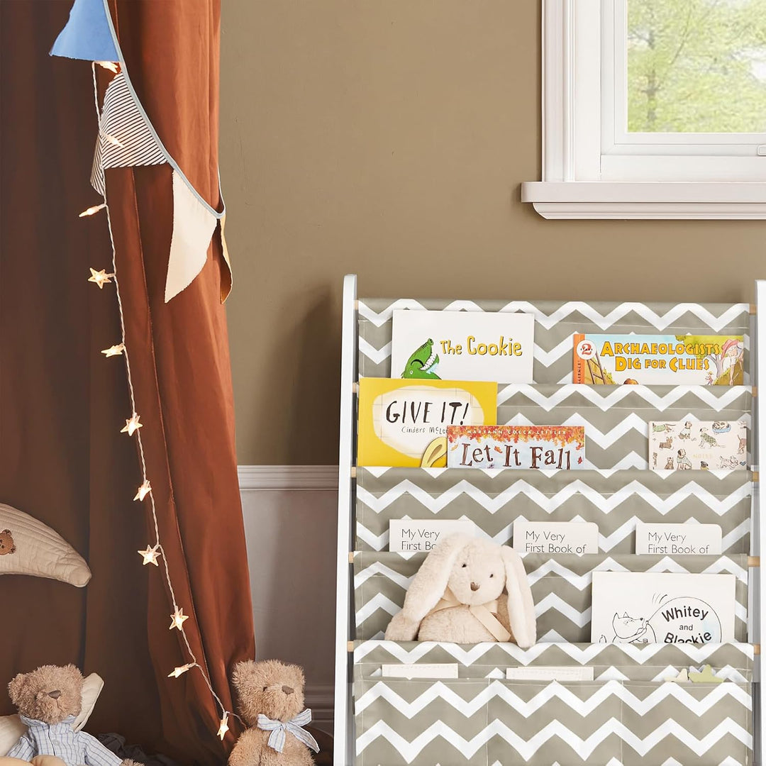 SoBuy Bücherregal Kinder Montessori Regal Kinderzimmer mit 4 Stofffächern Aufbewahrung Spielzeug & B