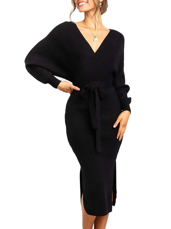 Saodimallsu Damen V-Ausschnitt Pulloverkleid Strickkleid Langarm Pullover Schlitz Offener Rücken Fig
