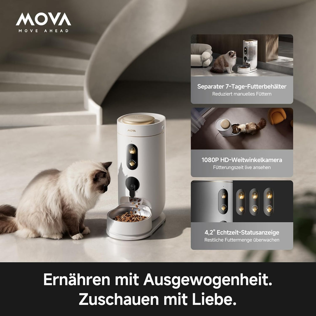 MOVA NutriPal 10 Ultra-Futterautomat mit separatem 7-Tage-Futterbehälter, 1080P HD-Weitwinkelkamera,