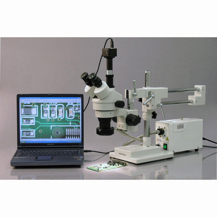 AmScope SM-4T Trinokulares Stereo-Zoom-Mikroskop mit Doppelarm-Ausleger, 7X-45X, Weiss