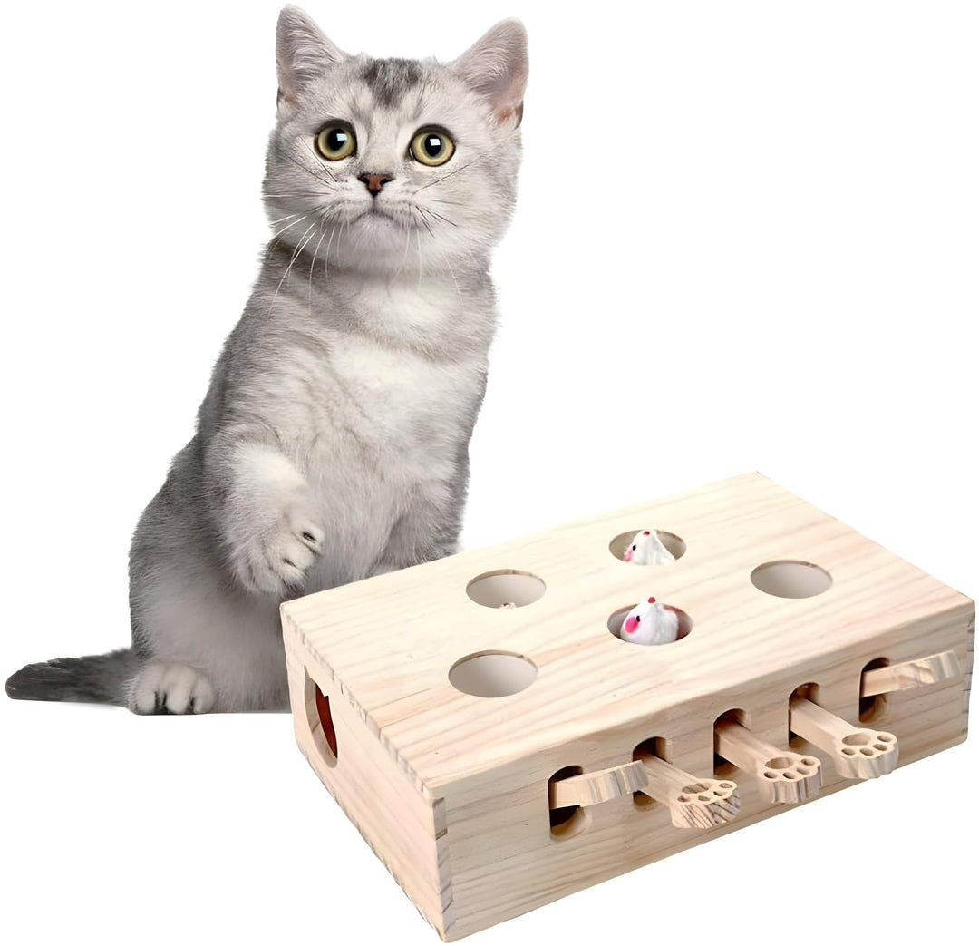 Interaktives Katzenspielzeug Holz Spielzeug, Maulwurf Maus, Puzzle Box mit Spielzeugen für Katzen, J