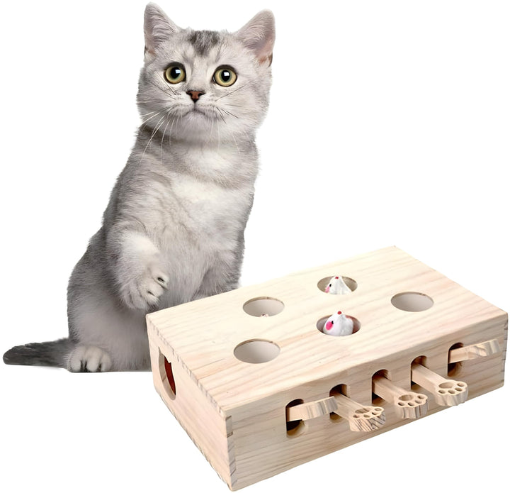 Interaktives Katzenspielzeug Holz Spielzeug, Maulwurf Maus, Puzzle Box mit Spielzeugen für Katzen, J