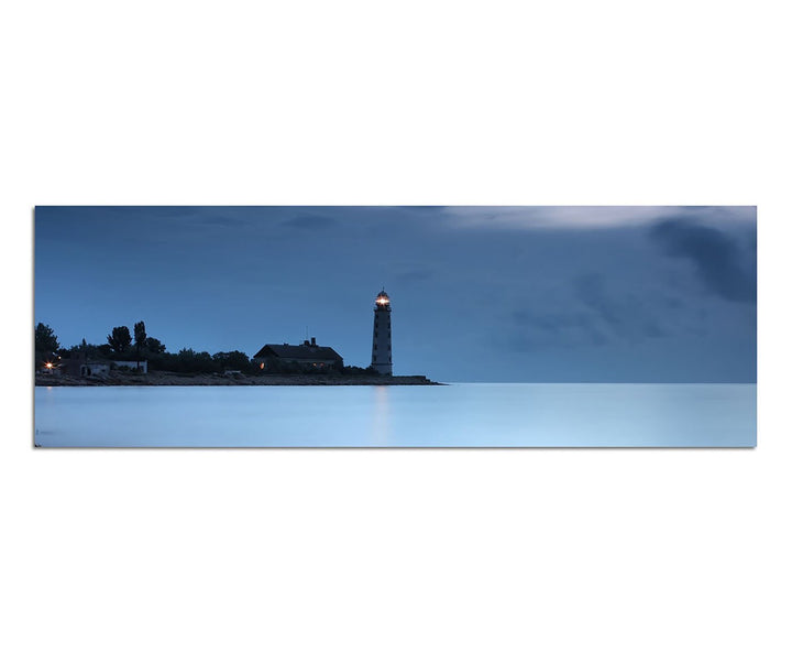 Paul Sinus Art Panoramabild auf Leinwand und Keilrahmen 150x50cm Meer Leuchtturm Nacht Nebel Steine